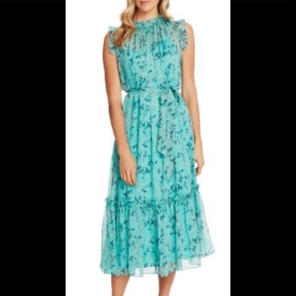 CeCe Women’s Sleeveless Wisteria Vine Ruffle Midi Dress